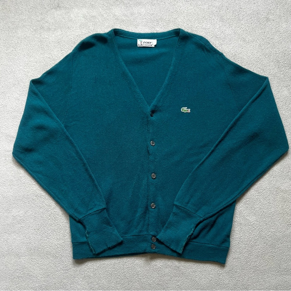 Izod Lacoste Sweater Mens Large Green VTG Button 70s Embroider Logo Cardigan
